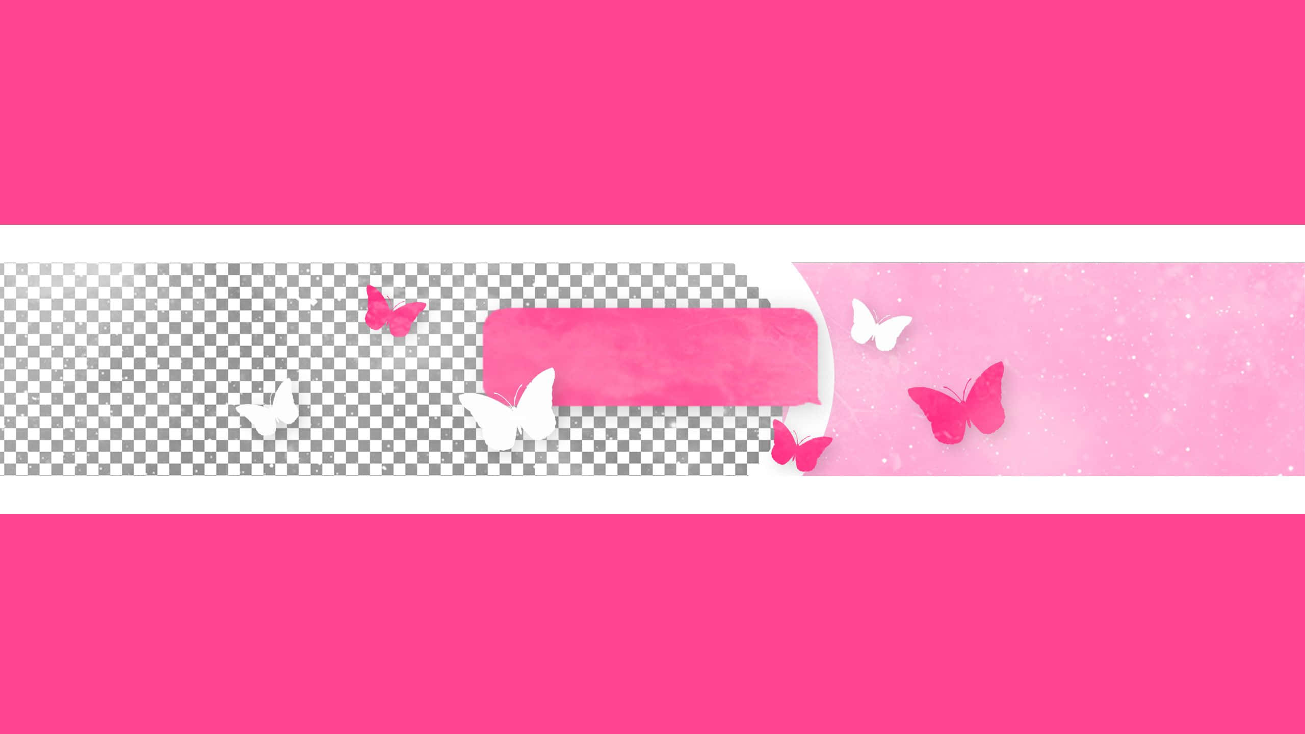 Aesthetic YouTube Banner 桌布 壁紙 — 充滿活力的粉紅色壁紙，在格子背景上，白色和粉紅色的蝴蝶圍繞著中央的粉紅色橫幅飛舞。