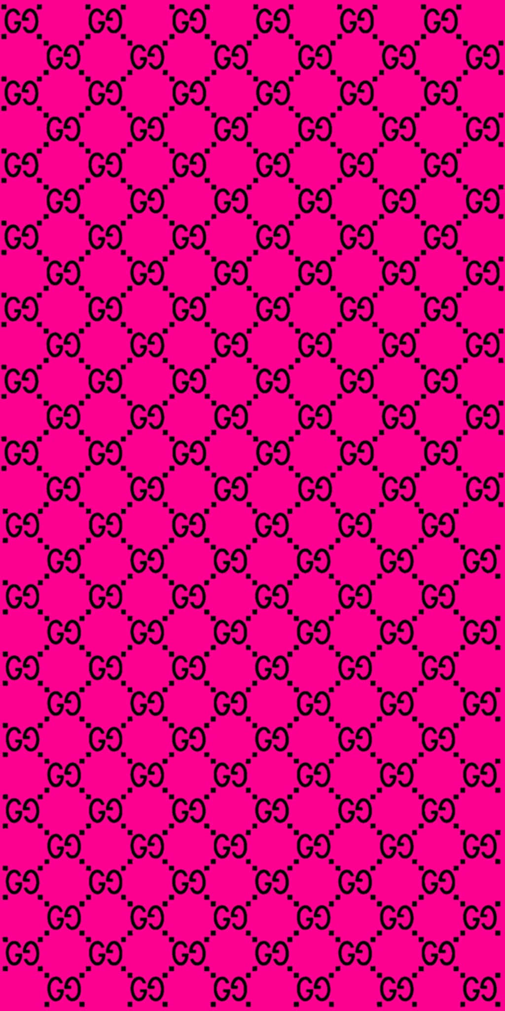 graphic design 桌布 壁紙 — 充滿活力的粉紅色壁紙，在菱形網格中帶有重複的黑色交織GG字母組合圖案。