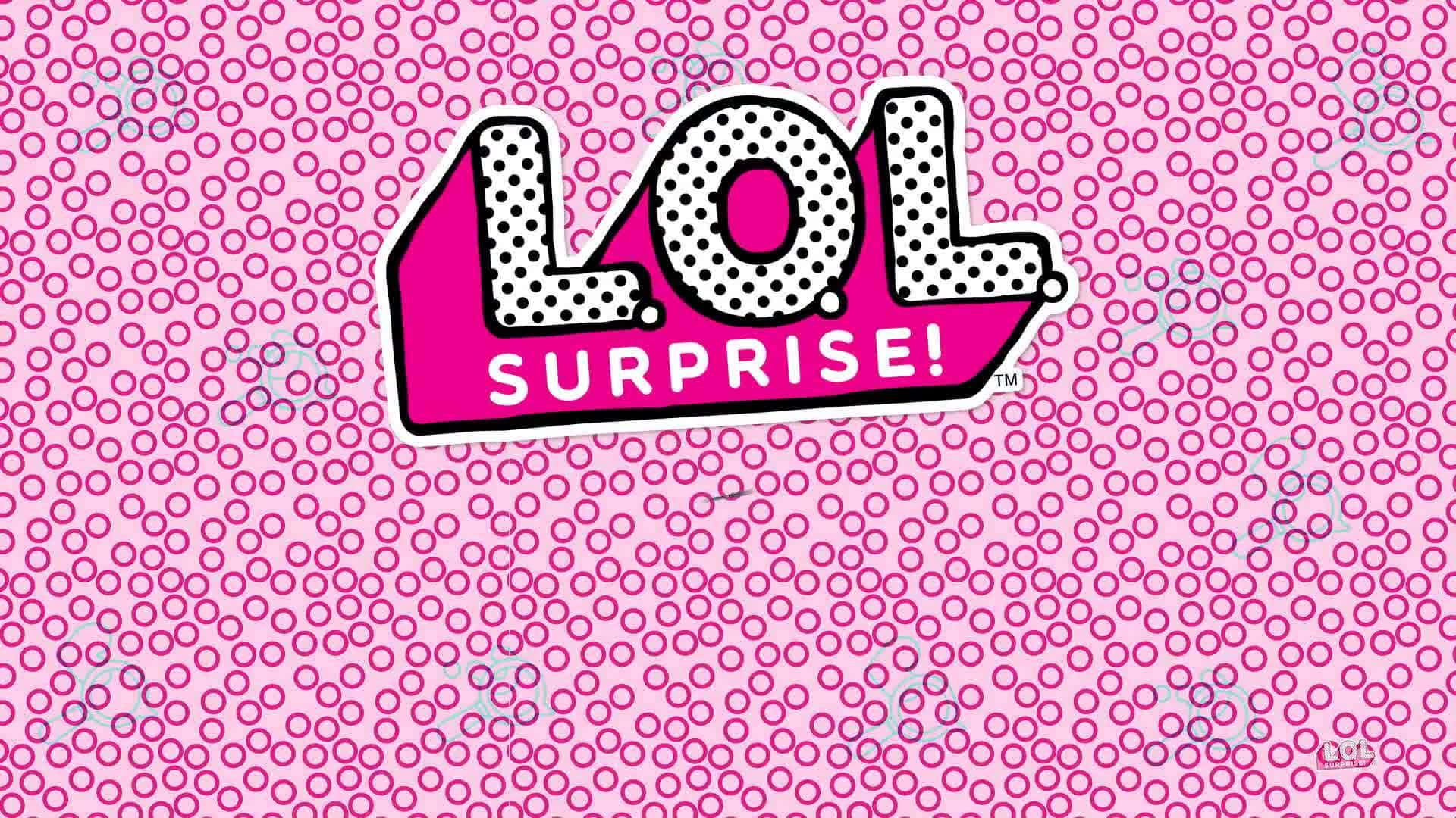 LOL Surprise 桌布 壁紙 — 充滿活力的粉紅色壁紙，帶有LOL SURPRISE!標誌，採用粗黑輪廓和圓點圖案，重複圓形設計。