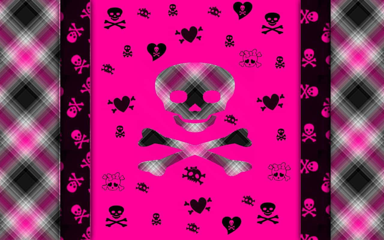 Pink Skull 桌布 壁紙 — 充滿活力的粉紅色壁紙，帶有格子圖案中的骷髏頭和交叉骨圖案，以及散落的心形骷髏頭。