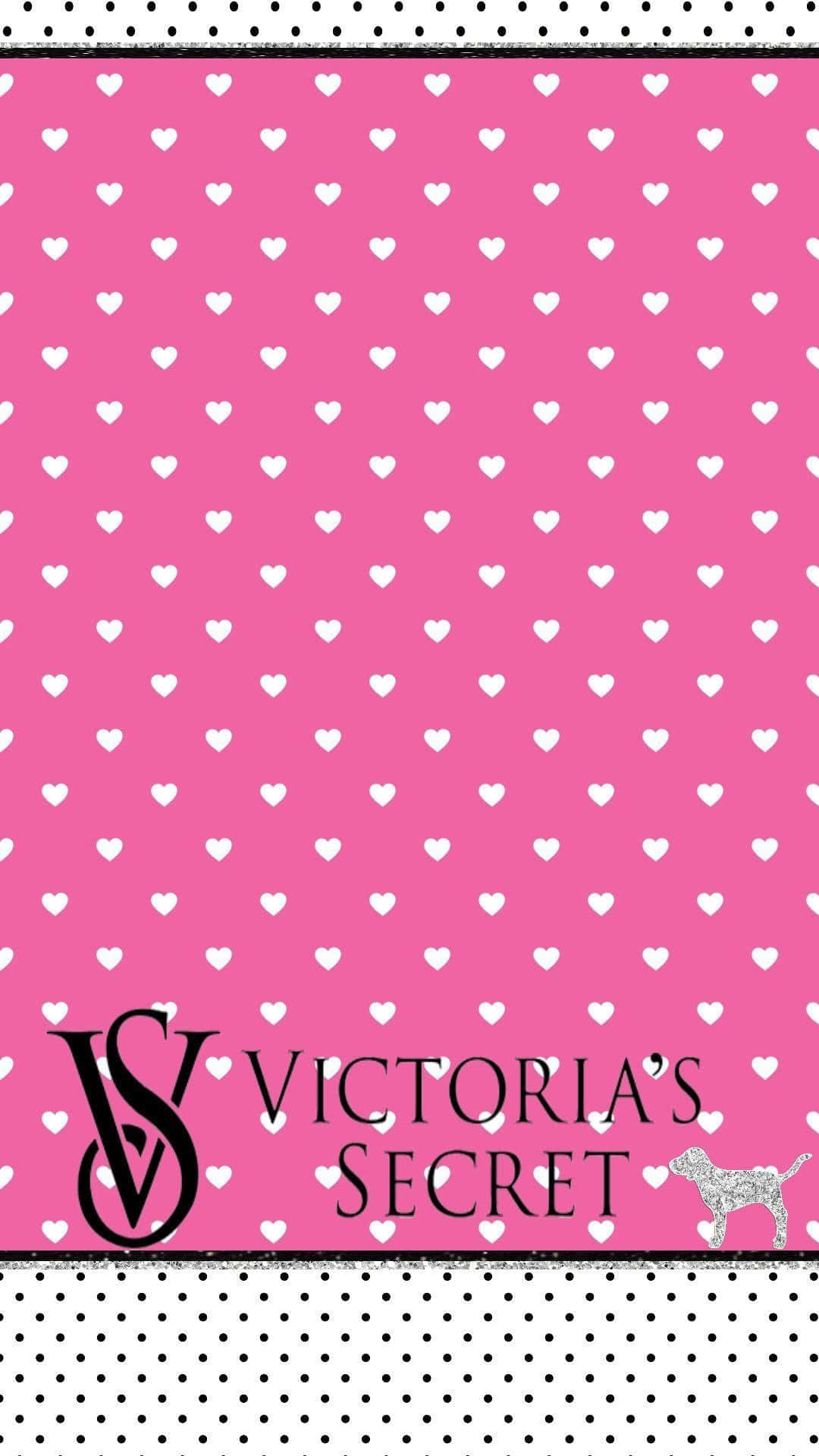 Victoria Secret 桌布 壁紙 — 充滿活力的粉紅色壁紙，帶有白色心形圖案和維多利亞的秘密標誌，鑲有黑白圓點邊框。