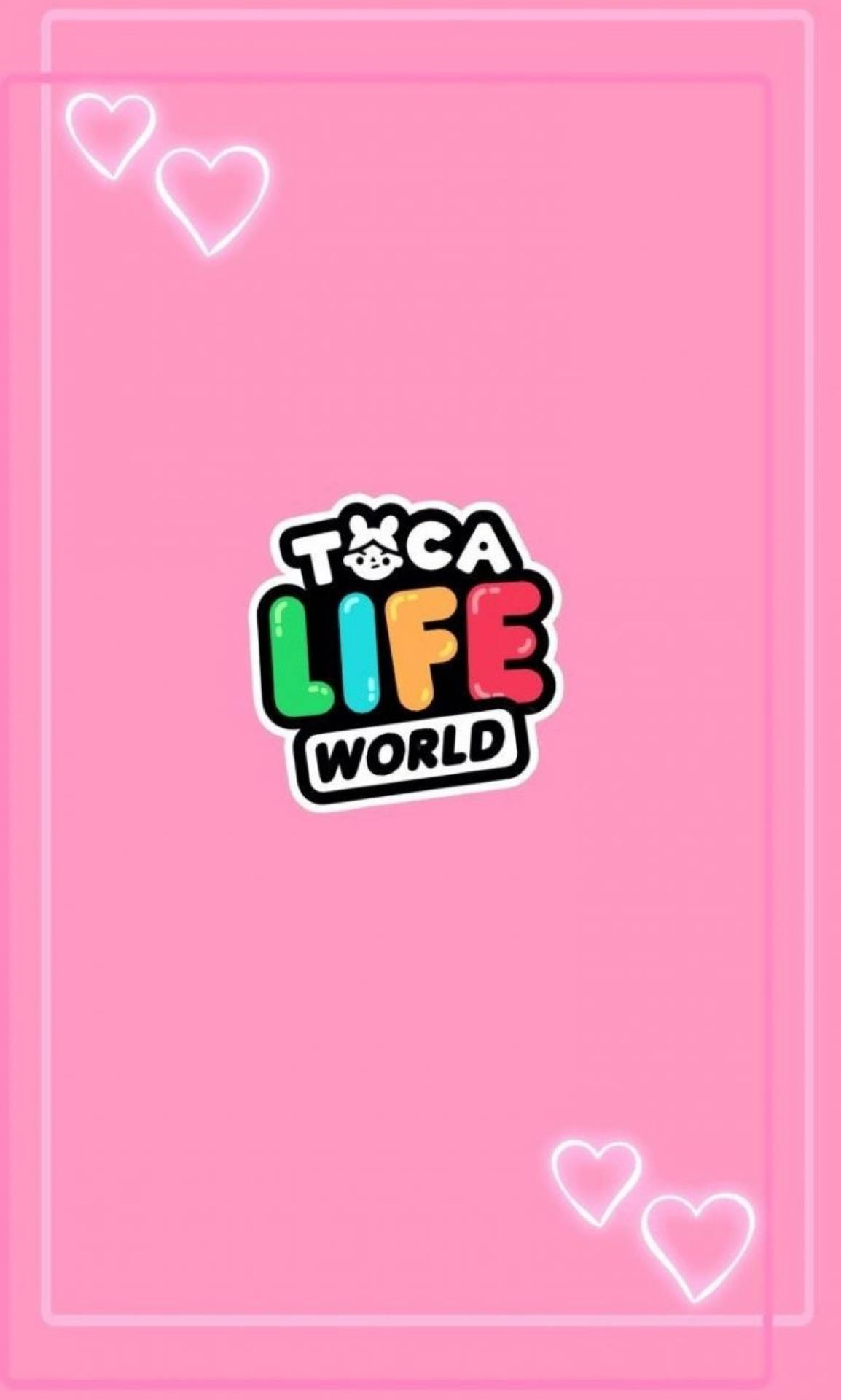 Toca 桌布 壁紙 — 充滿活力的粉紅色壁紙，帶有色彩繽紛的「Toca Life World」標誌，角落有發光的白色愛心。