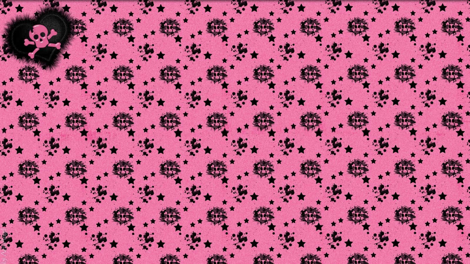 Pink Skull 桌布 壁紙 — 充滿活力的粉紅色壁紙，帶有重複的黑色骷髏和星星圖案，左上角有心形骷髏標誌。