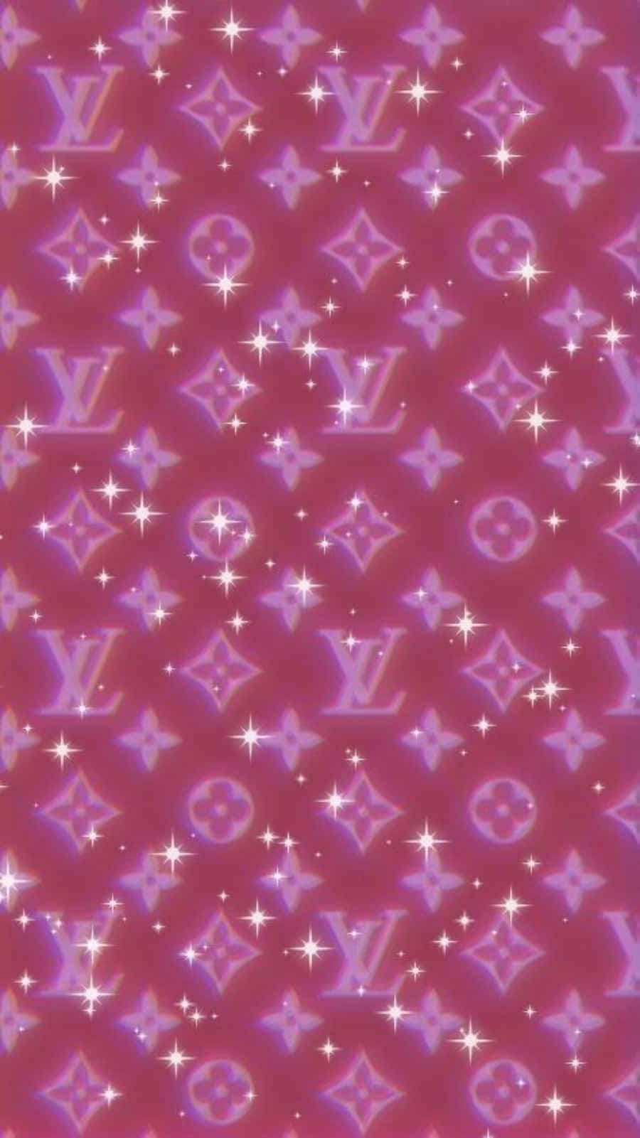 路易威登 桌布 壁紙 — 充滿活力的粉紅色壁紙，帶有重複的 Louis Vuitton 字母圖案和閃爍的星爆。