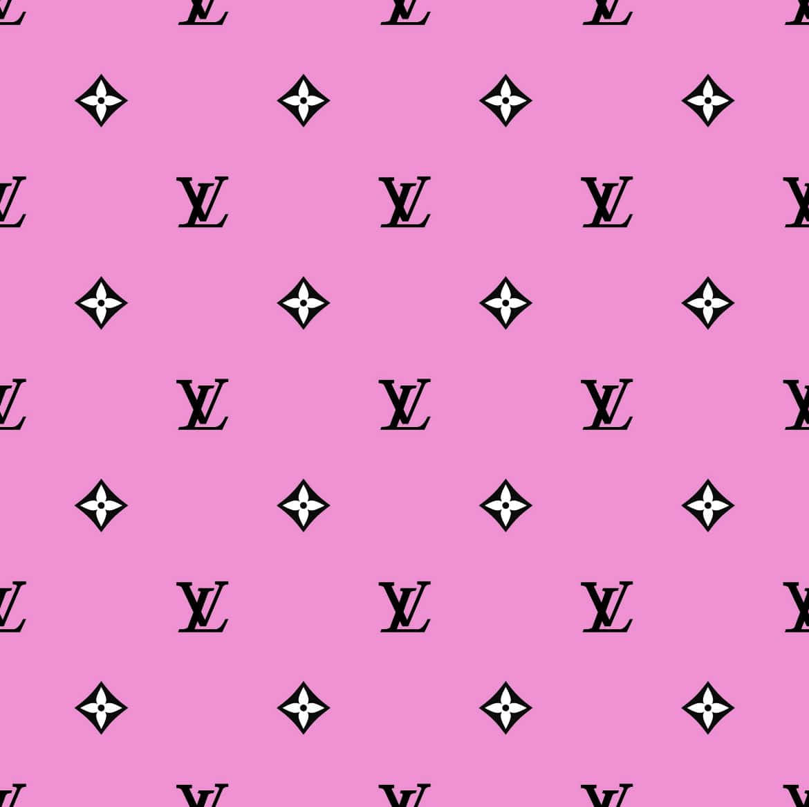桌布 壁紙 — 充滿活力的粉紅色壁紙，帶有重複的黑色Louis Vuitton標誌和字母組合圖案。