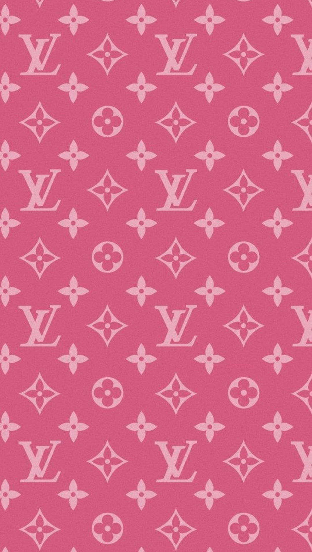 粉紅色背景，帶有白色 Louis Vuitton 字母組合和花卉圖案。
