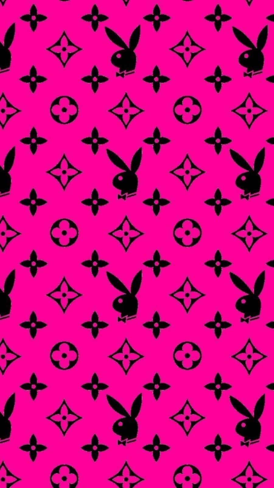 粉紅色背景，帶有黑色Playboy兔子和LV字母組合圖案。 — 路易威登 GIF 壁紙