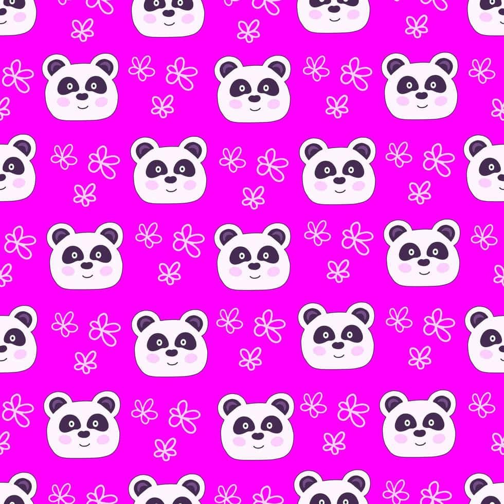 Girly Panda 桌布 壁紙 — 充滿活力的粉紅色壁紙圖案，帶有可愛的卡通熊貓臉和白色輪廓花朵。