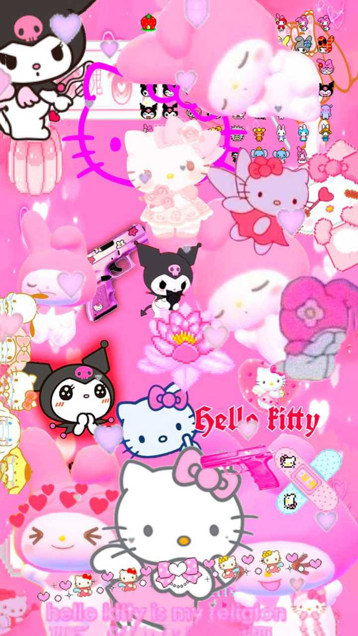 Y2K 桌布 壁紙 — 充滿活力的粉紅色壁紙拼貼， featuring Hello Kitty 和 Kuromi 角色，周圍環繞著心形、花朵和俏皮的塗鴉。