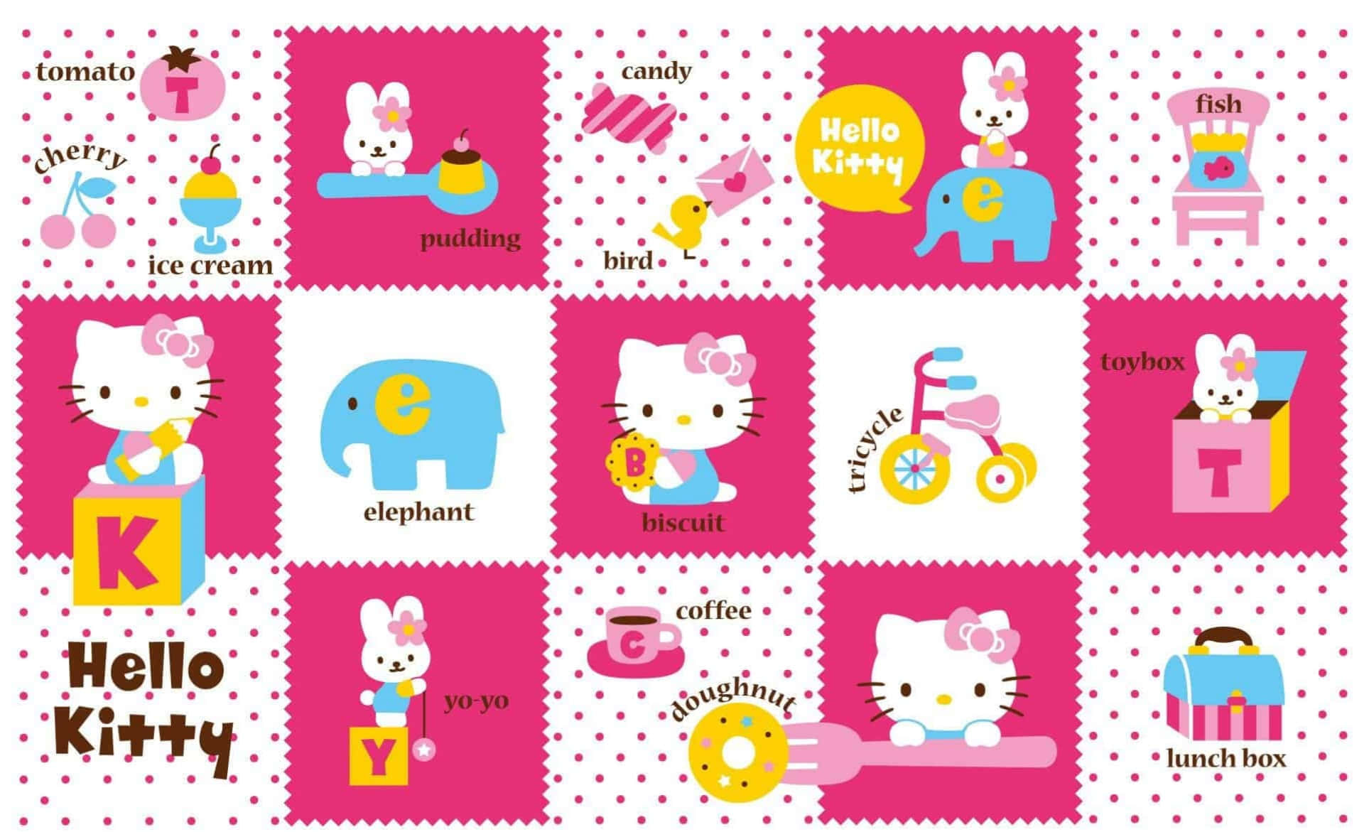 Hello Kitty Laptop 桌布 壁紙 — 充滿活力的粉紅色壁紙拼貼， featuring Hello Kitty 和朋友們，帶有字母積木和食物，背景為圓點圖案。