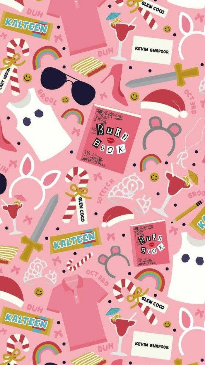 Aesthetic Girly 桌布 壁紙 — 充滿活力的粉紅色壁紙拼貼，以玩味混亂的圖案呈現流行文化圖標，如burn books、糖果手杖和太陽眼鏡。