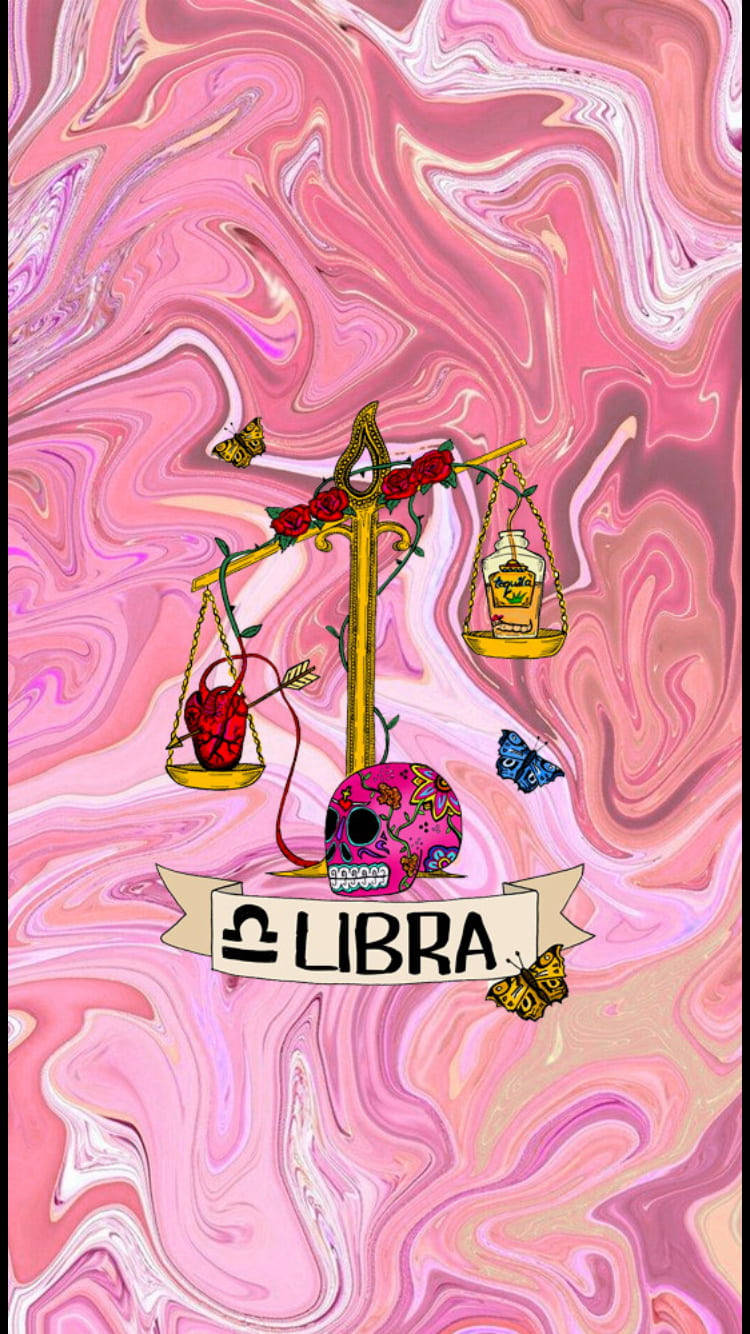 zodiac 桌布 壁紙 — 充滿活力的粉紅色大理石背景，上面有一個金色的天秤座秤，飾有玫瑰和蝴蝶，位於裝飾過的頭骨和橫幅上方。