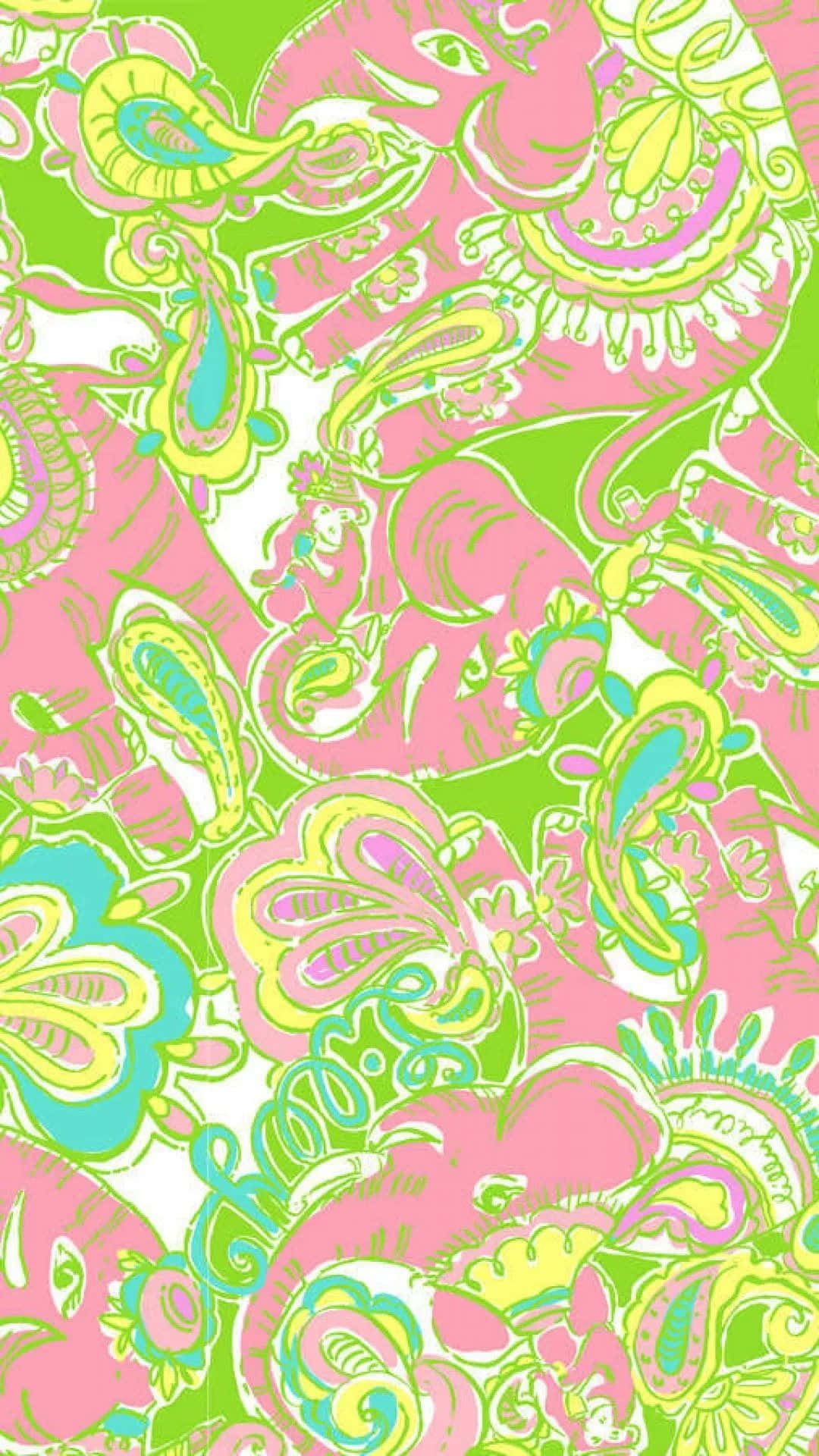 Lilly Pulitzer iPhone 桌布 壁紙 — 充滿活力的粉紅色大象和佩斯利漩渦在萊姆綠色背景上舞動，形成大膽的復古圖案。
