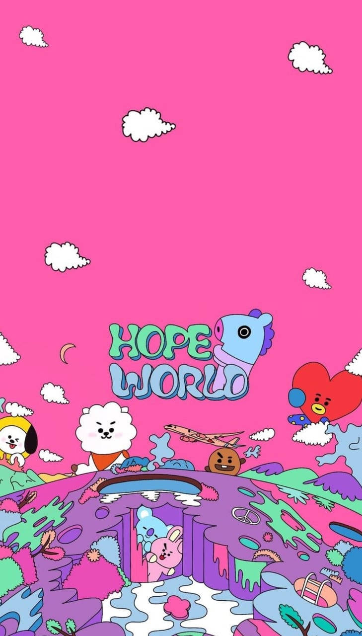 BT21 桌布 壁紙 — 充滿活力的粉紅色天空，卡通人物和雲朵在色彩繽紛的超現實景觀上方，帶有文字 'HOPE WORLD'。