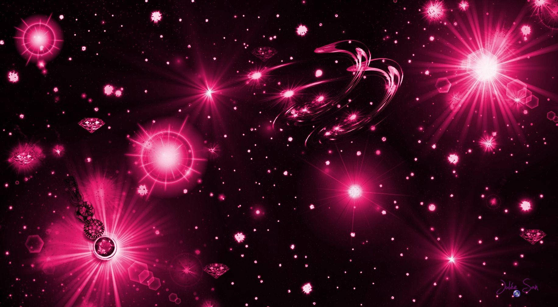 銀河 桌布 壁紙 — 充滿活力的粉紅色宇宙場景，有發光的星星、光芒四射的光束和旋轉的星雲，背景是黑暗的虛空。