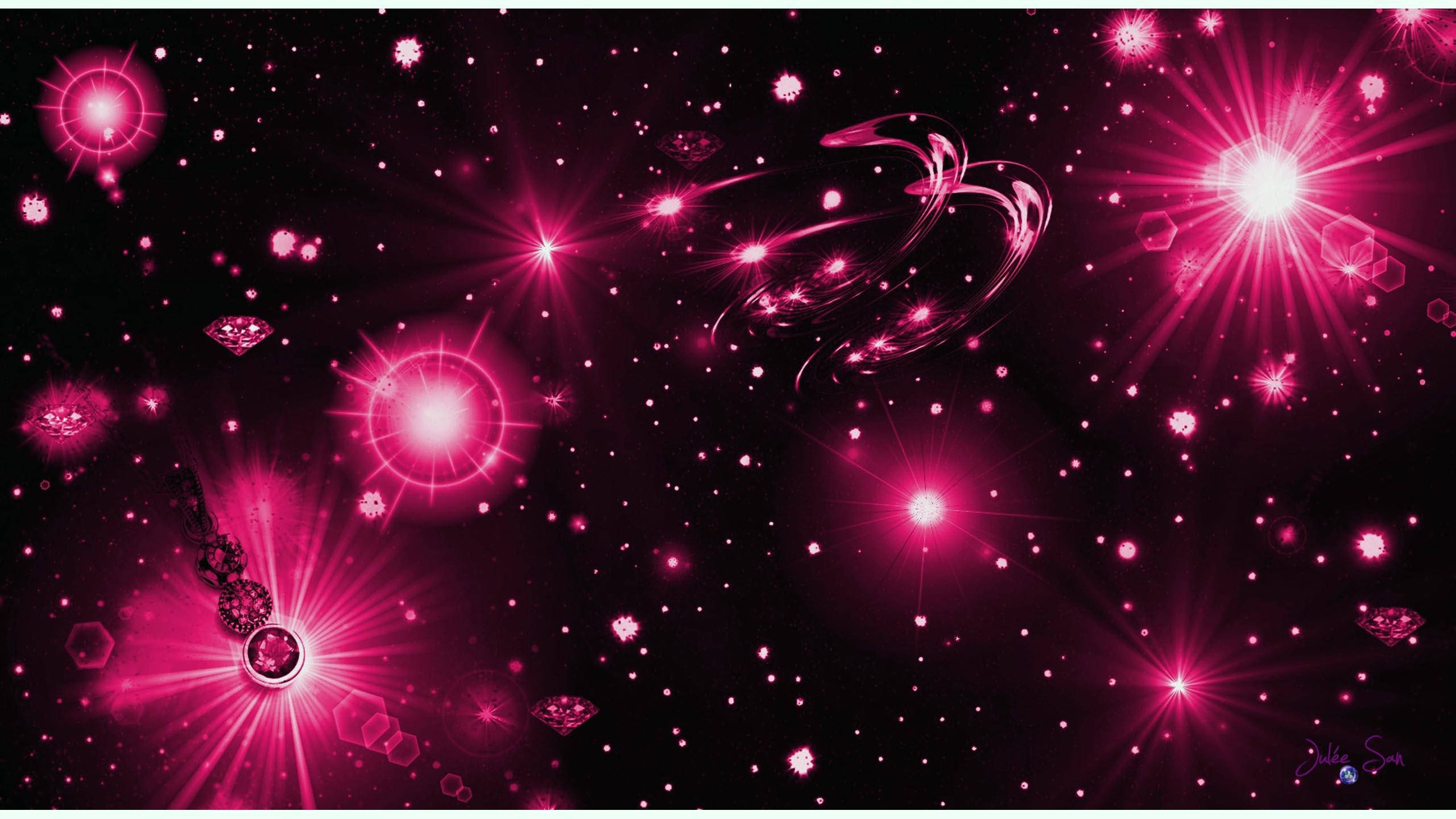 Sparkle 桌布 壁紙 — 充滿活力的粉紅色宇宙場景，有發光的星星、鑽石和旋轉星雲，背景是黑暗虛空。