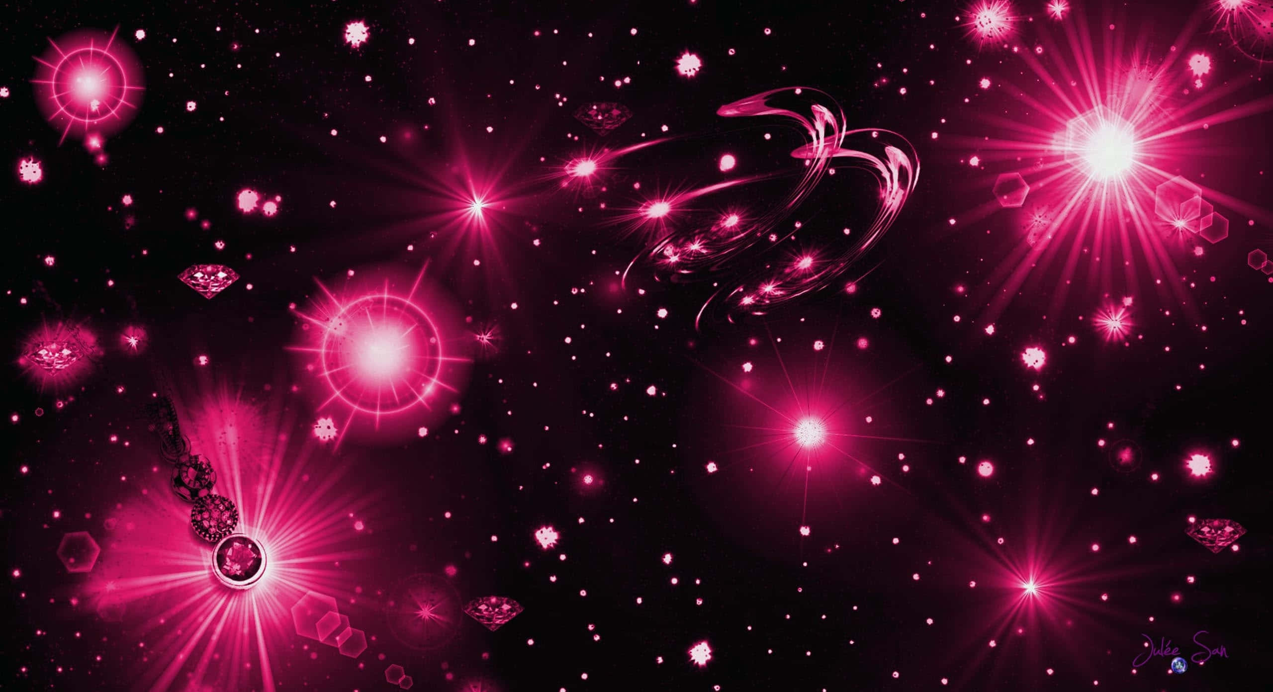 Pink Star 桌布 壁紙 — 充滿活力的粉紅色宇宙場景，有發光的星星、光芒四射的光環和漂浮的幾何形狀，背景是黑暗虛空。