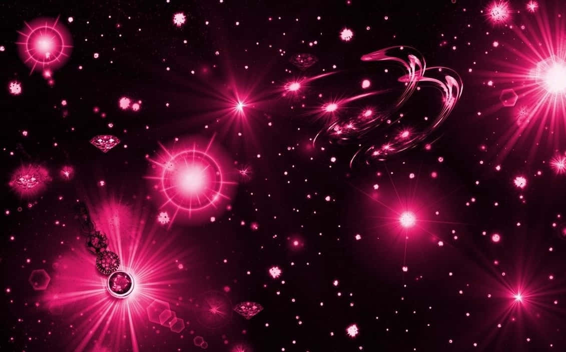 starlight 桌布 壁紙 — 充滿活力的粉紅色宇宙場景，閃爍的星星、鑽石和旋轉星雲，背景為深色。