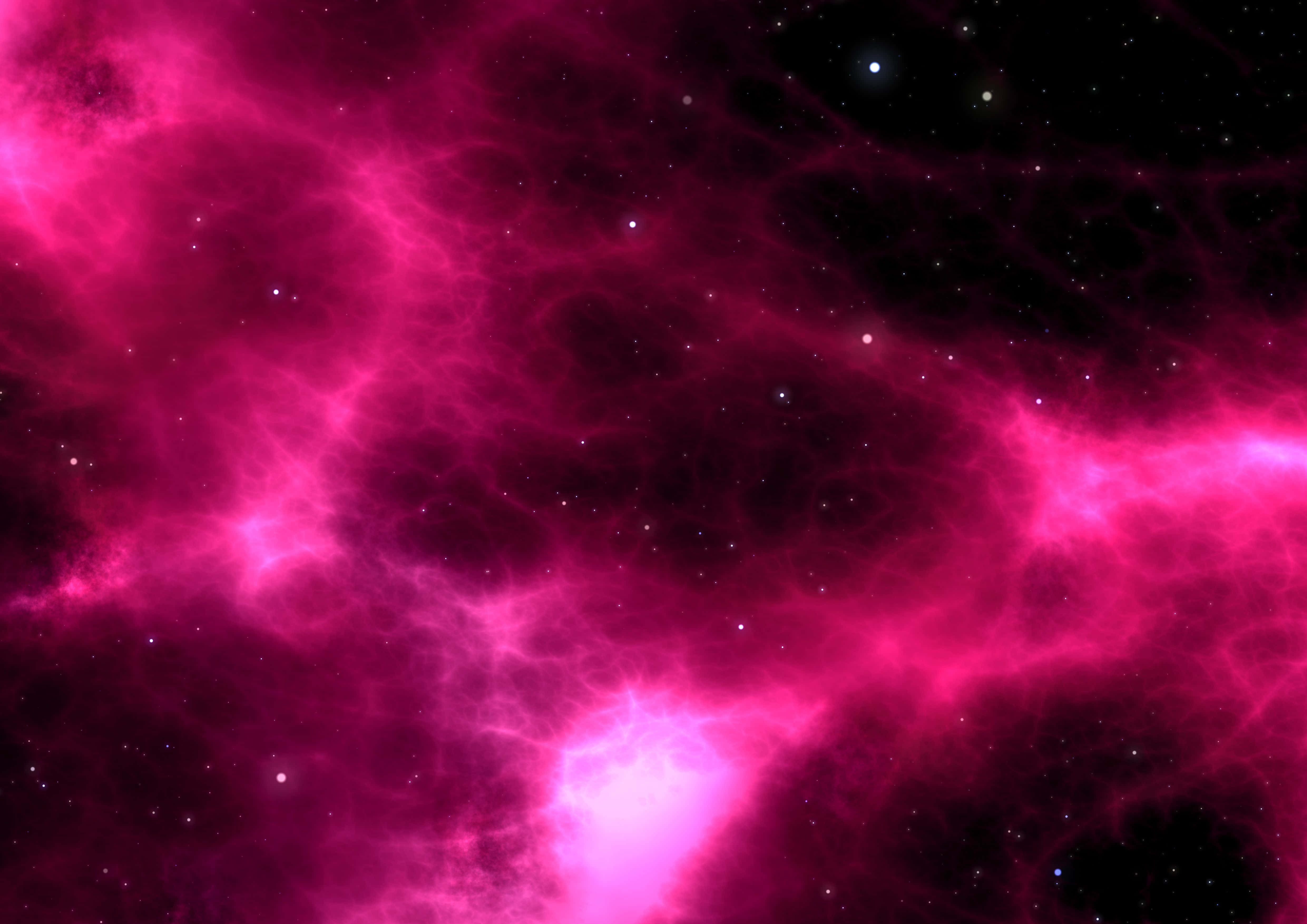 粉紅銀河 桌布 壁紙 — 充滿活力的粉紅色宇宙星雲，發光的氣體雲和散落的星星在黑暗虛空中。