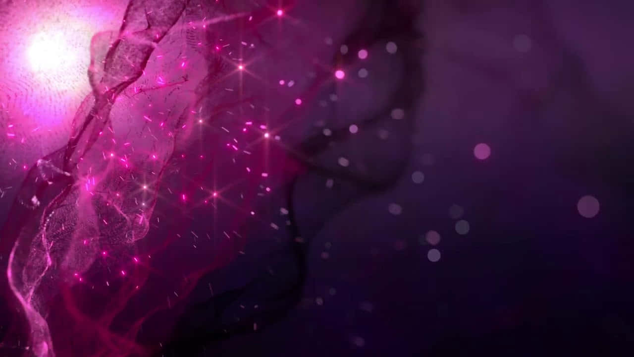 Sparkle 桌布 壁紙 — 充滿活力的粉紅色宇宙能量在黑暗的太空中流動，伴隨著閃爍的粒子和發光散景燈光。