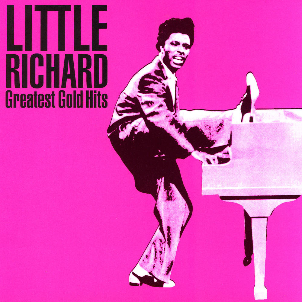 復古 桌布 壁紙 — 充滿活力的粉紅色專輯封面顯示 Little Richard 充滿活力地彈奏鋼琴，並帶有粗體黑色文字。