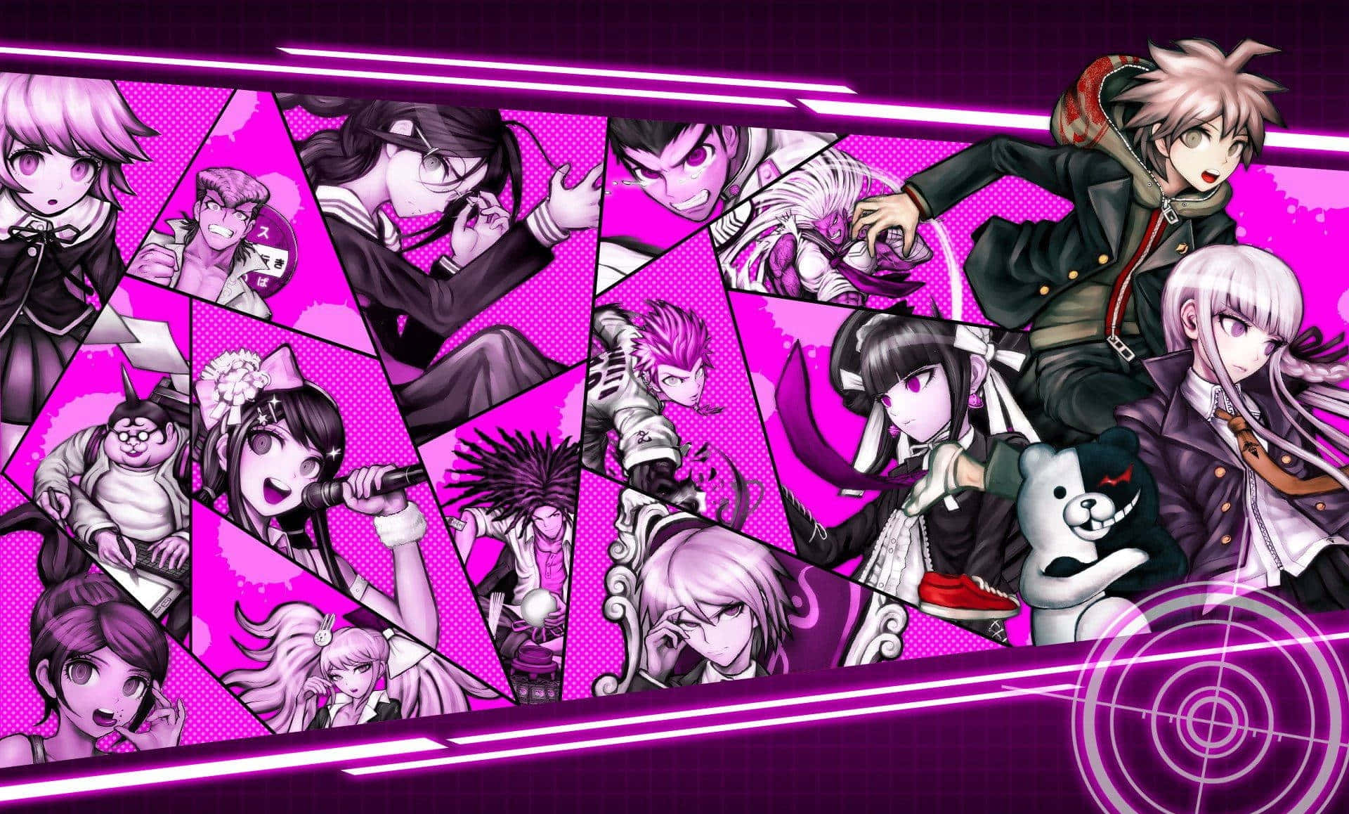 Danganronpa 桌布 壁紙 — 充滿活力的粉紅色幾何拼貼畫，展示《槍彈辯駁》中的動漫角色，動態姿勢與霓虹點綴。