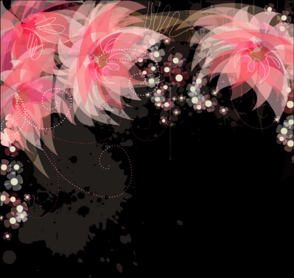 Pink Flower 桌布 壁紙 — 充滿活力的粉紅色抽象花朵，帶有白色輪廓，在點狀漩渦和小花卉點綴的深色紋理背景上綻放。