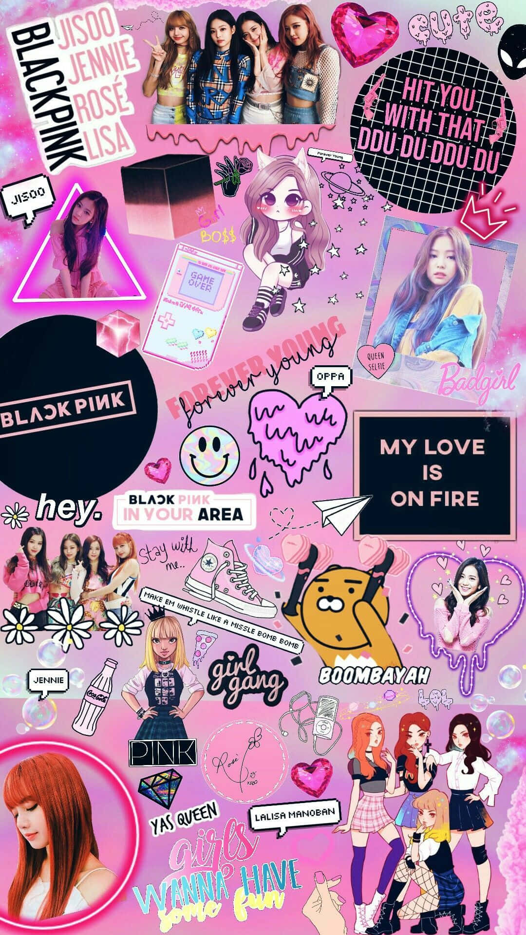 Kpop Kawaii 桌布 壁紙 — 充滿活力的粉紅色拼貼壁紙，以Blackpink成員、流行文化圖標和閃閃發光的塗鴉為特色，風格混亂而年輕。