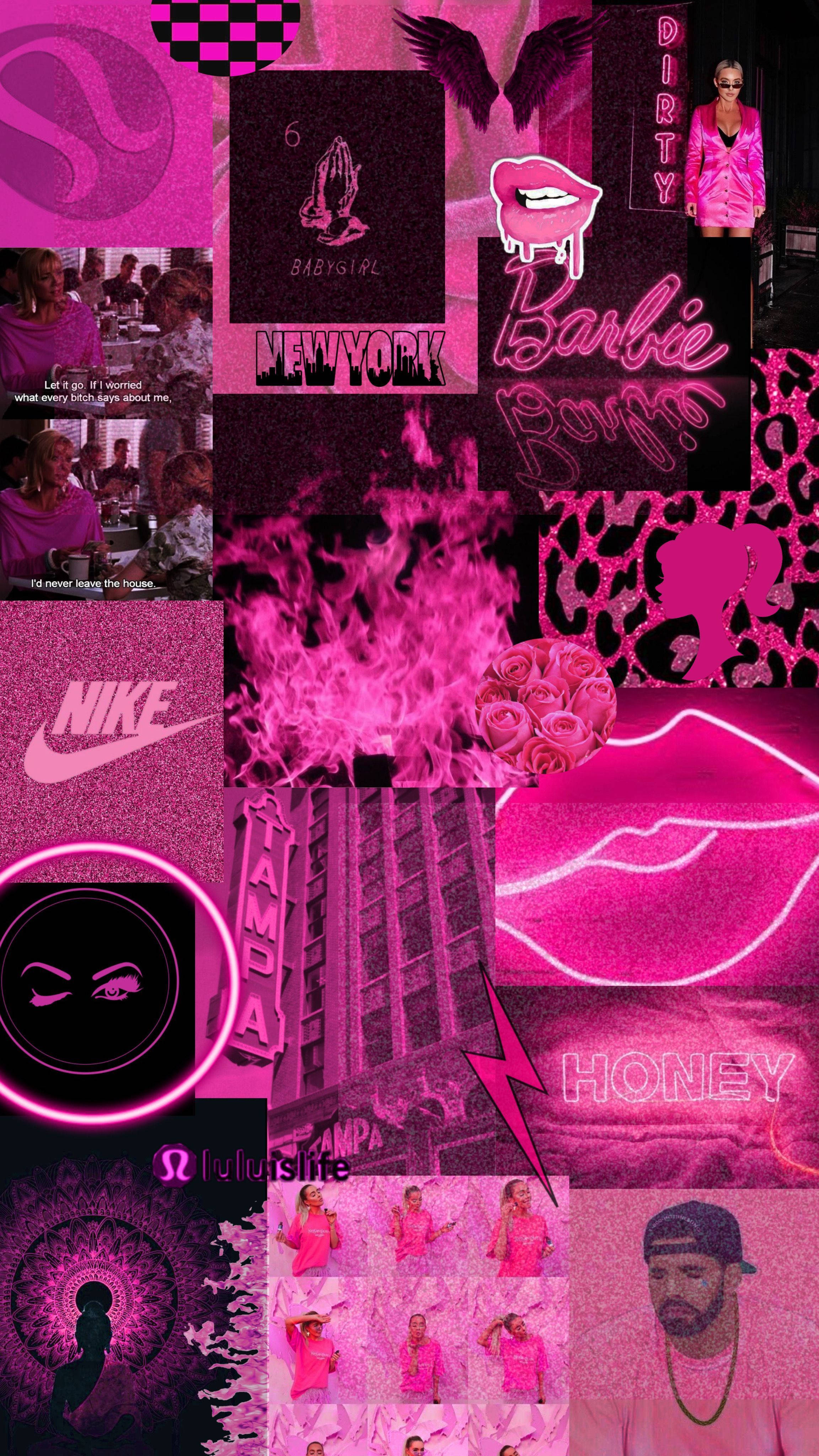 Pink Neon Aesthetic 桌布 壁紙 — 充滿活力的粉紅色拼貼壁紙，以大膽混亂的風格呈現流行文化圖標、火焰、嘴唇和霓虹文字。