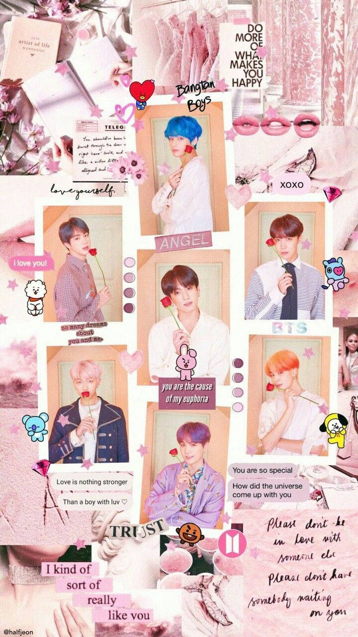 BTS 美學 桌布 壁紙 — 充滿活力的粉紅色拼貼壁紙，包含Bangtan Boys照片、心形、語錄和可愛的卡通角色。