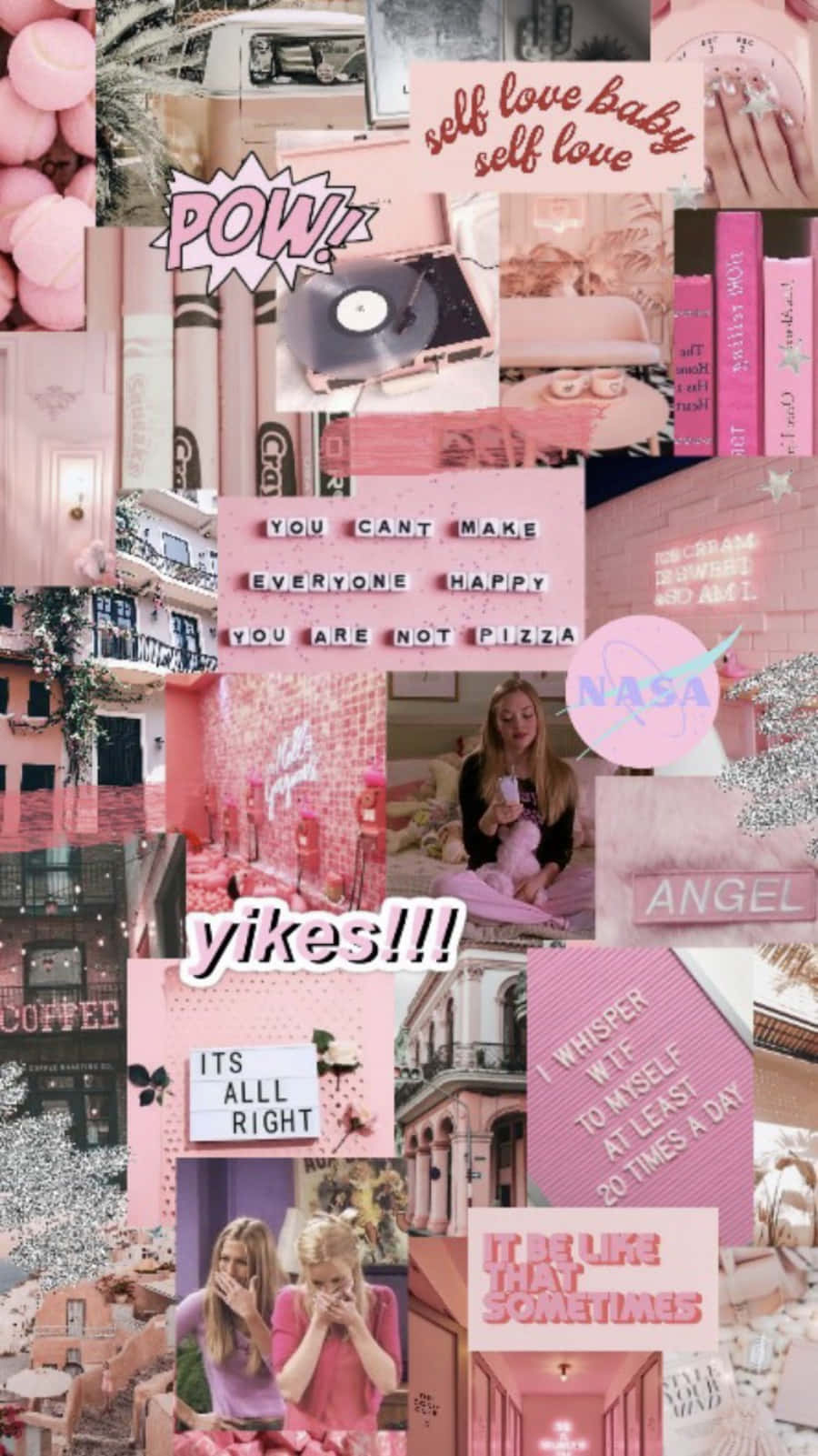Aesthetic Pink Collage 桌布 壁紙 — 充滿活力的粉紅色拼貼壁紙，包含自愛語錄、肯定句和流行文化參考，呈現年輕美學。