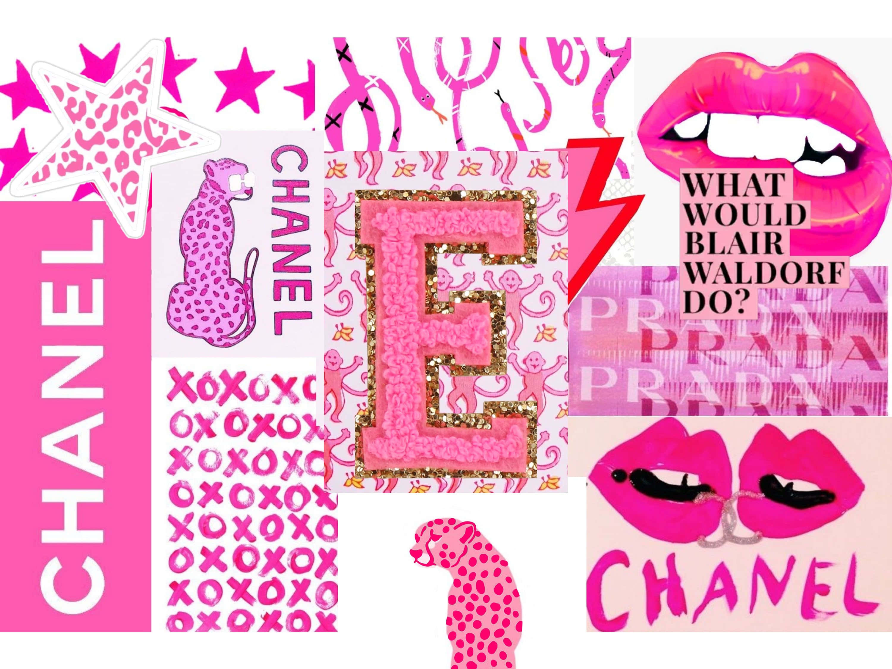 E 桌布 壁紙 — 充滿活力的粉紅色拼貼畫， featuring Chanel 和 Prada 標誌、閃亮的字母 E、豹紋獵豹，以及大膽的嘴唇，上面寫著「What Would Blair Waldorf Do?」文字。