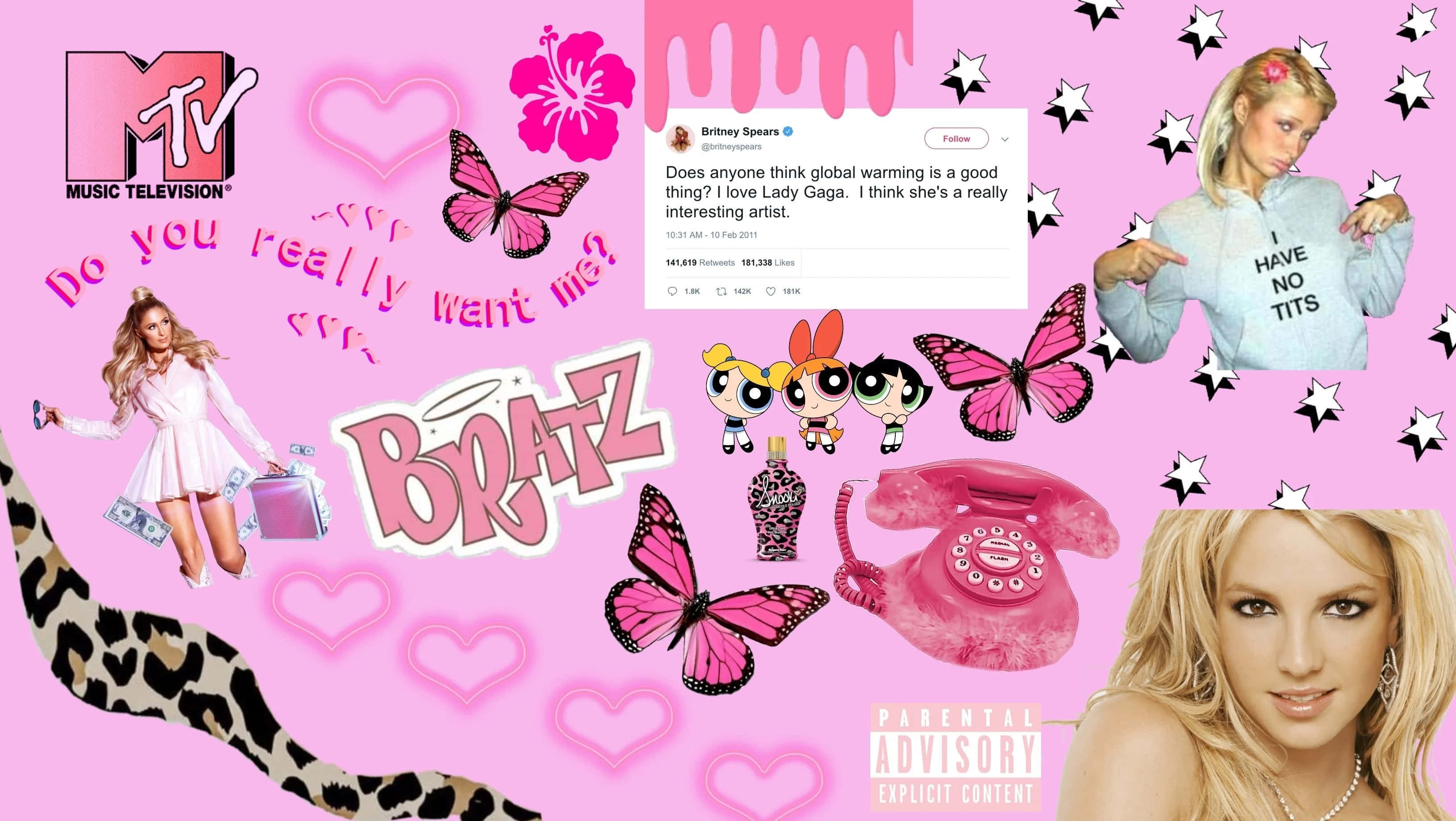 Y2K 桌布 壁紙 — 充滿活力的粉紅色拼貼畫， featuring Britney Spears 的流行文化圖標，如 Bratz 娃娃和 MTV 標誌，配有蝴蝶和心形。