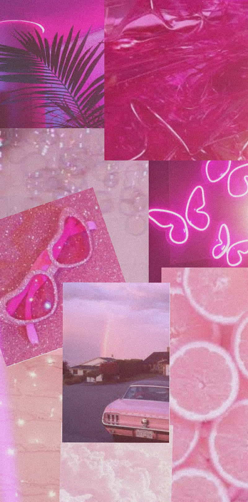 Pink Phone 桌布 壁紙 — 充滿活力的粉紅色拼貼畫， featuring 棕櫚葉、閃亮太陽眼鏡、霓虹蝴蝶和彩虹下的復古汽車。