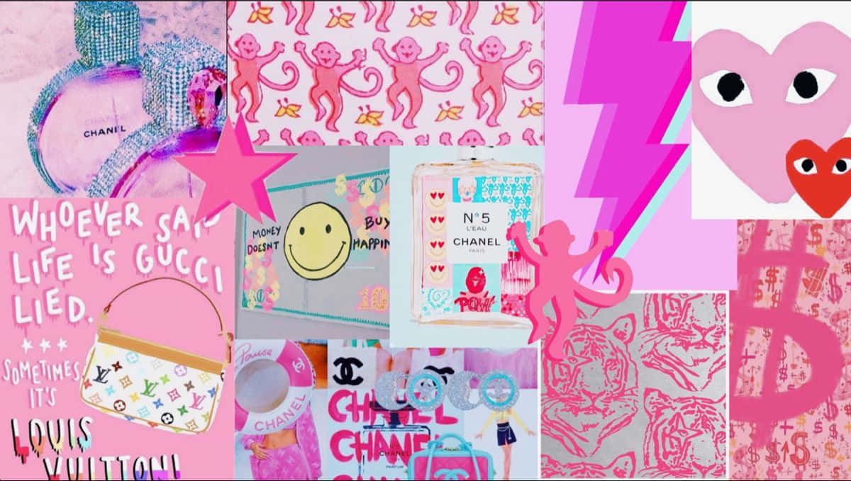 Preppy Laptop 桌布 壁紙 — 充滿活力的粉紅色拼貼畫， featuring 奢侈品牌物品、頑皮的猴子、心形和醒目的圖形設計。