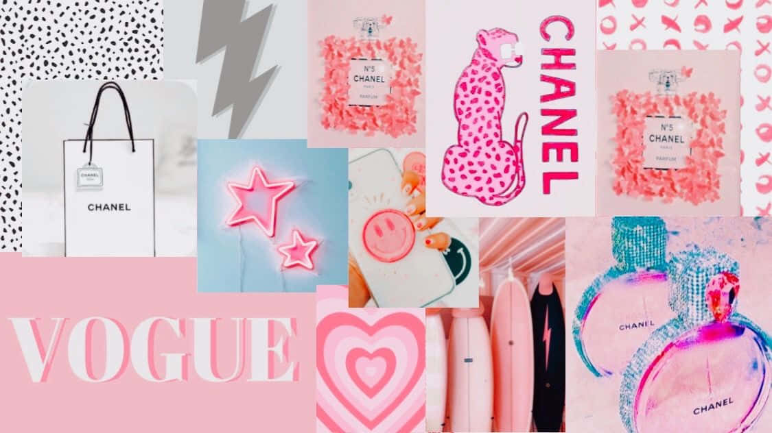 Preppy Laptop 桌布 壁紙 — 充滿活力的粉紅色拼貼畫， featuring Chanel 香水瓶、購物袋和時尚偶像，搭配霓虹星星和心形圖案。