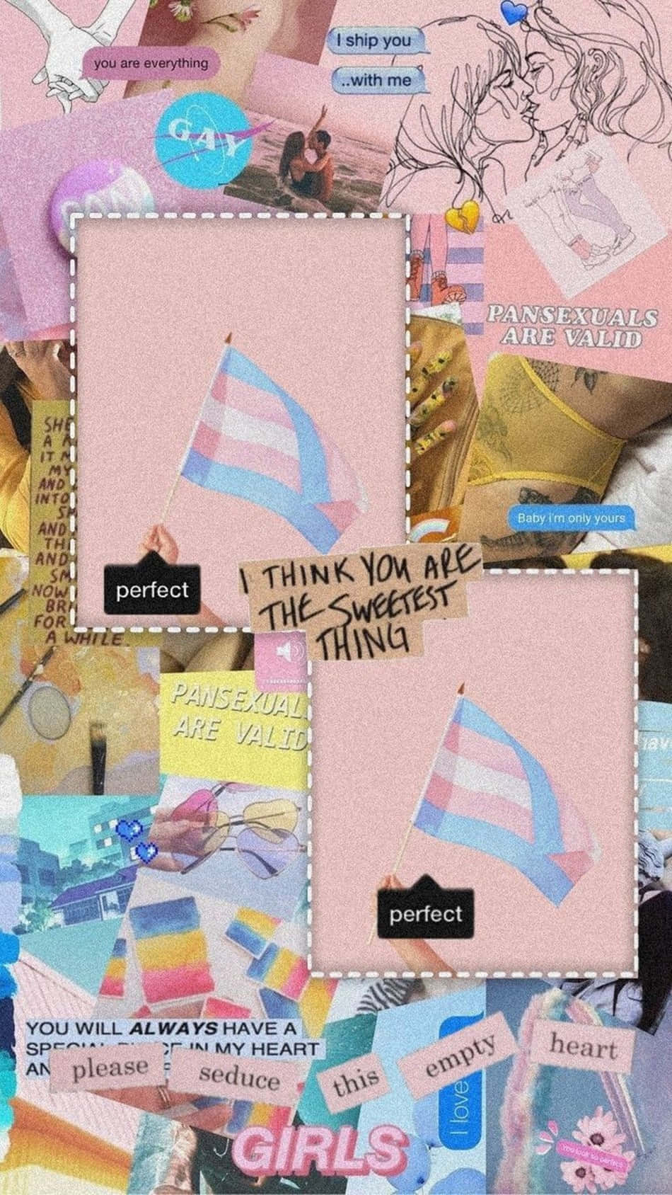 transgender 桌布 壁紙 — 充滿活力的粉紅色拼貼畫， featuring 跨性別驕傲旗幟、愛情便條和肯定語，例如「泛性戀是有效的」和「你就是一切」。