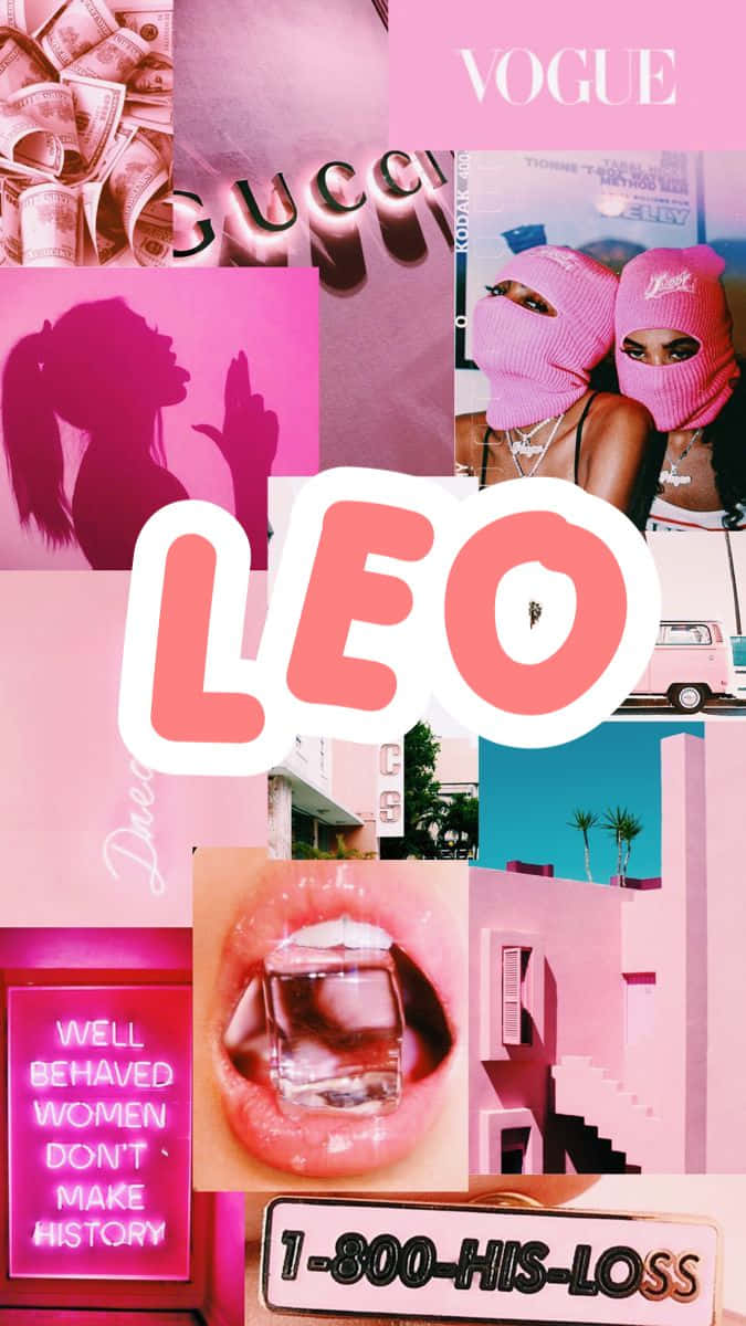 Leo Aesthetic 桌布 壁紙 — 充滿活力的粉紅色拼貼畫，以奢侈品牌、粗體文字和流行文化圖標（如 Vogue 和 Gucci）為特色。