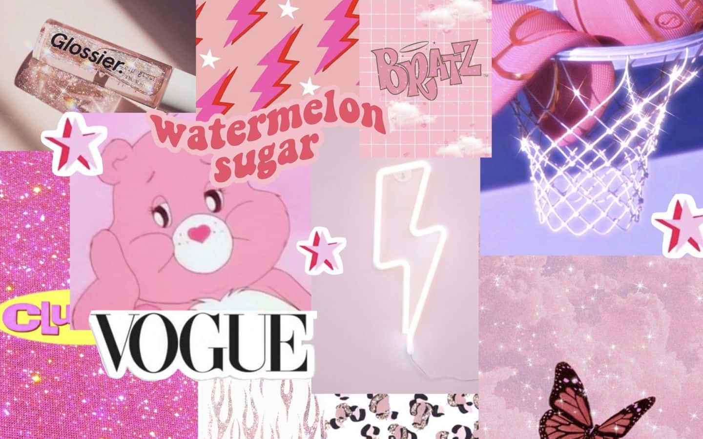 girly pink aesthetic 桌布 壁紙 — 充滿活力的粉紅色拼貼畫，包含Care Bears Glossier產品、Vogue文字和閃閃發光的籃球框。