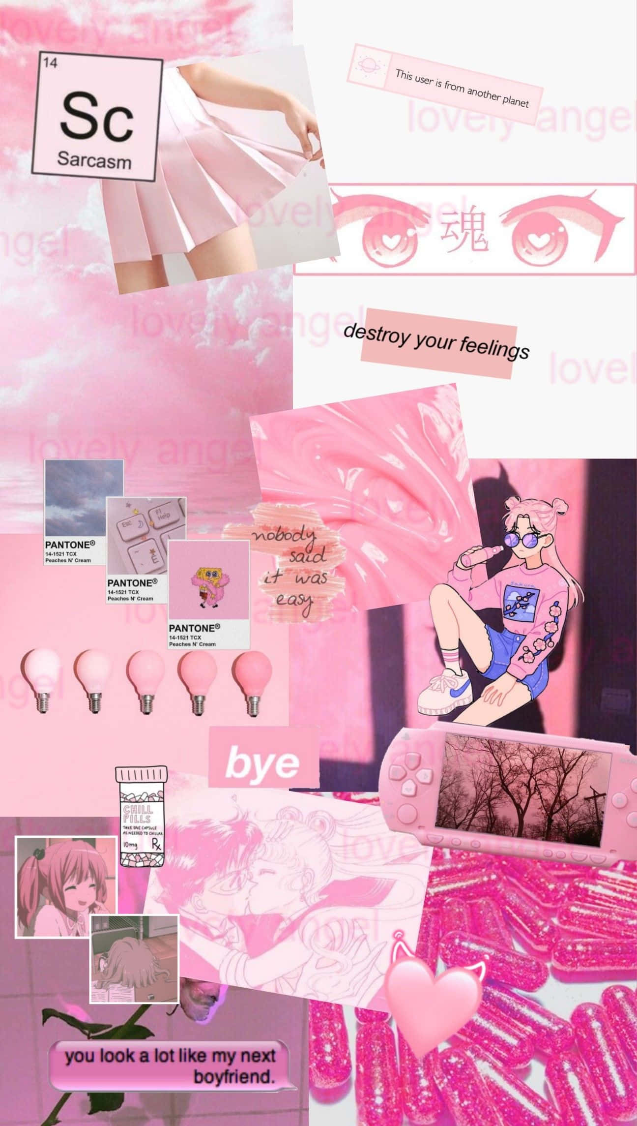 Pink Aesthetic Anime Phone 桌布 壁紙 — 充滿活力的粉紅色拼貼畫，包含動漫角色、文字語錄和 Pantone 色票，呈現年輕美學。