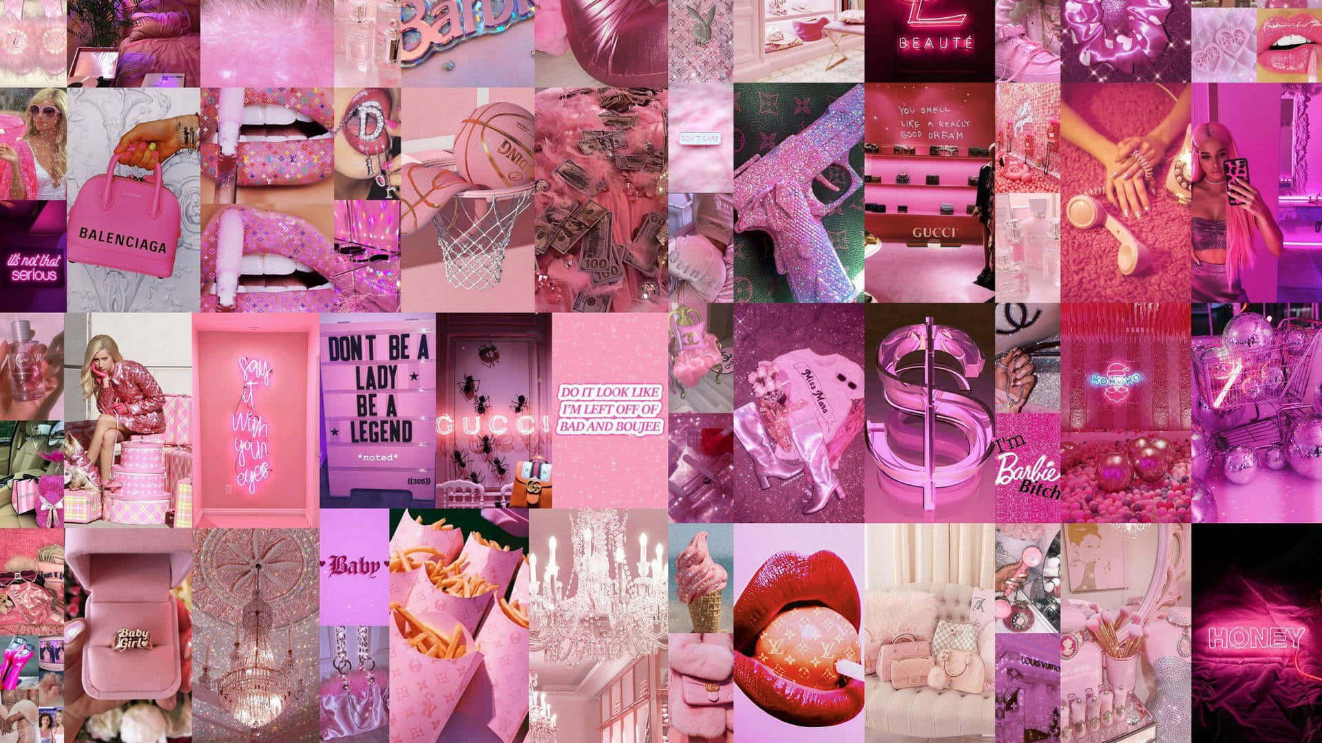 Aesthetic Collage Desktop 桌布 壁紙 — 充滿活力的粉紅色拼貼畫，包含奢侈品、粗體文字和華麗生活方式元素，呈現 Barbiecore 美學。