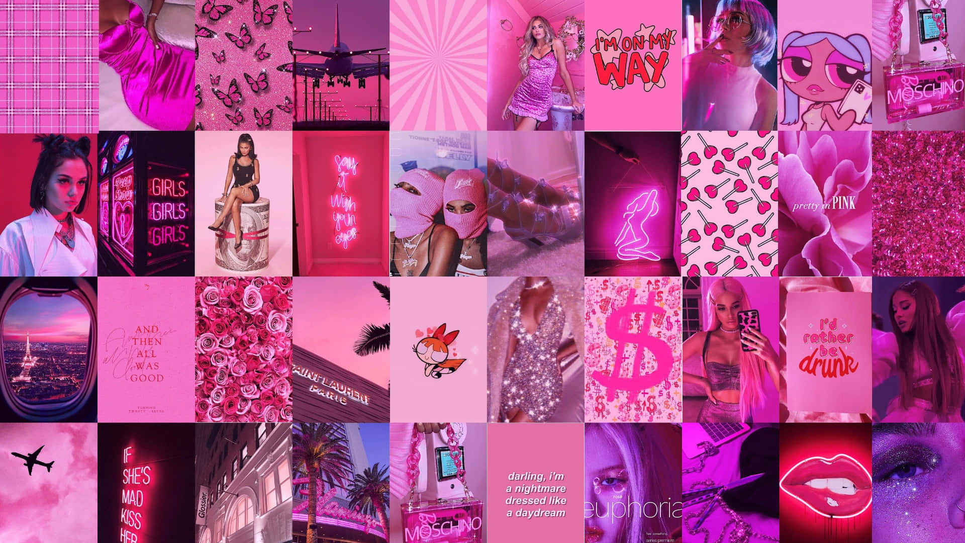 Hot Pink Aesthetic 桌布 壁紙 — 充滿活力的粉紅色拼貼畫，包含時裝模特兒、霓虹燈、蝴蝶和奢華物品，展現年輕美學。