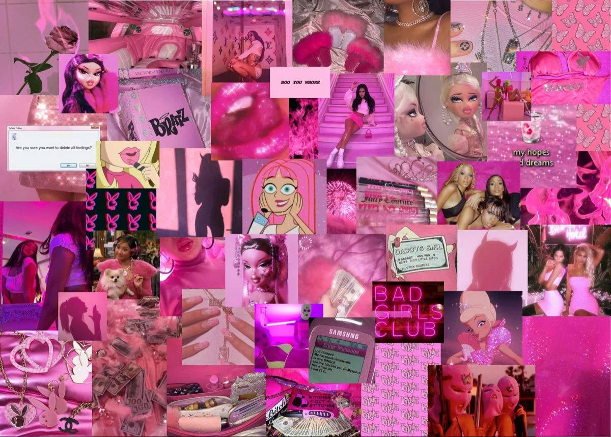 Hot Pink Aesthetic 桌布 壁紙 — 充滿活力的粉紅色拼貼畫，包含流行文化偶像、閃亮配飾和粗體文字，營造出混亂而時尚的美感。