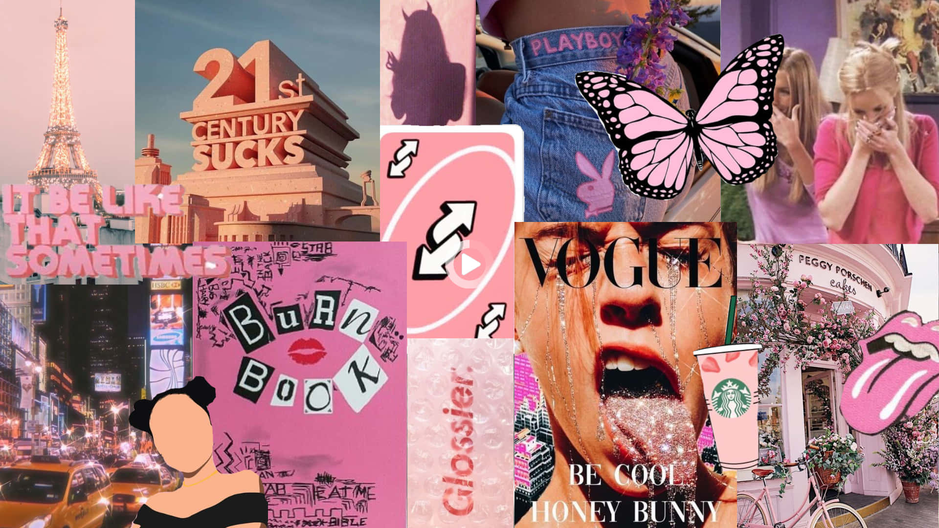 girly pink aesthetic 桌布 壁紙 — 充滿活力的粉紅色拼貼畫，包含流行文化偶像、時尚品牌和城市景觀，搭配粗體文字和俏皮圖像。