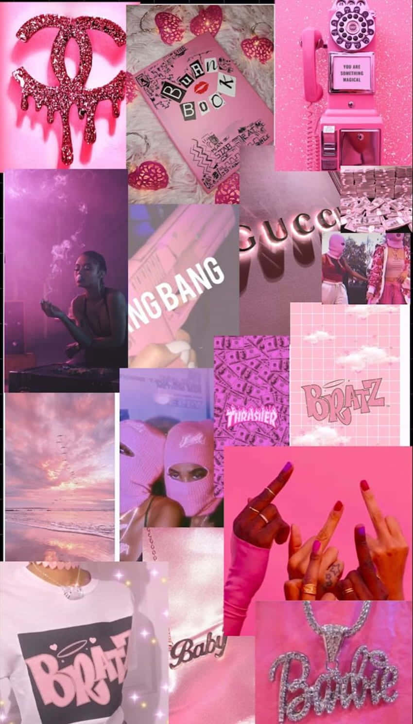 美學 桌布 壁紙 — 充滿活力的粉紅色拼貼畫，包含閃亮的 Chanel 標誌、Barbie 品牌、復古電話和時尚圖像，並帶有粗體文字疊加。
