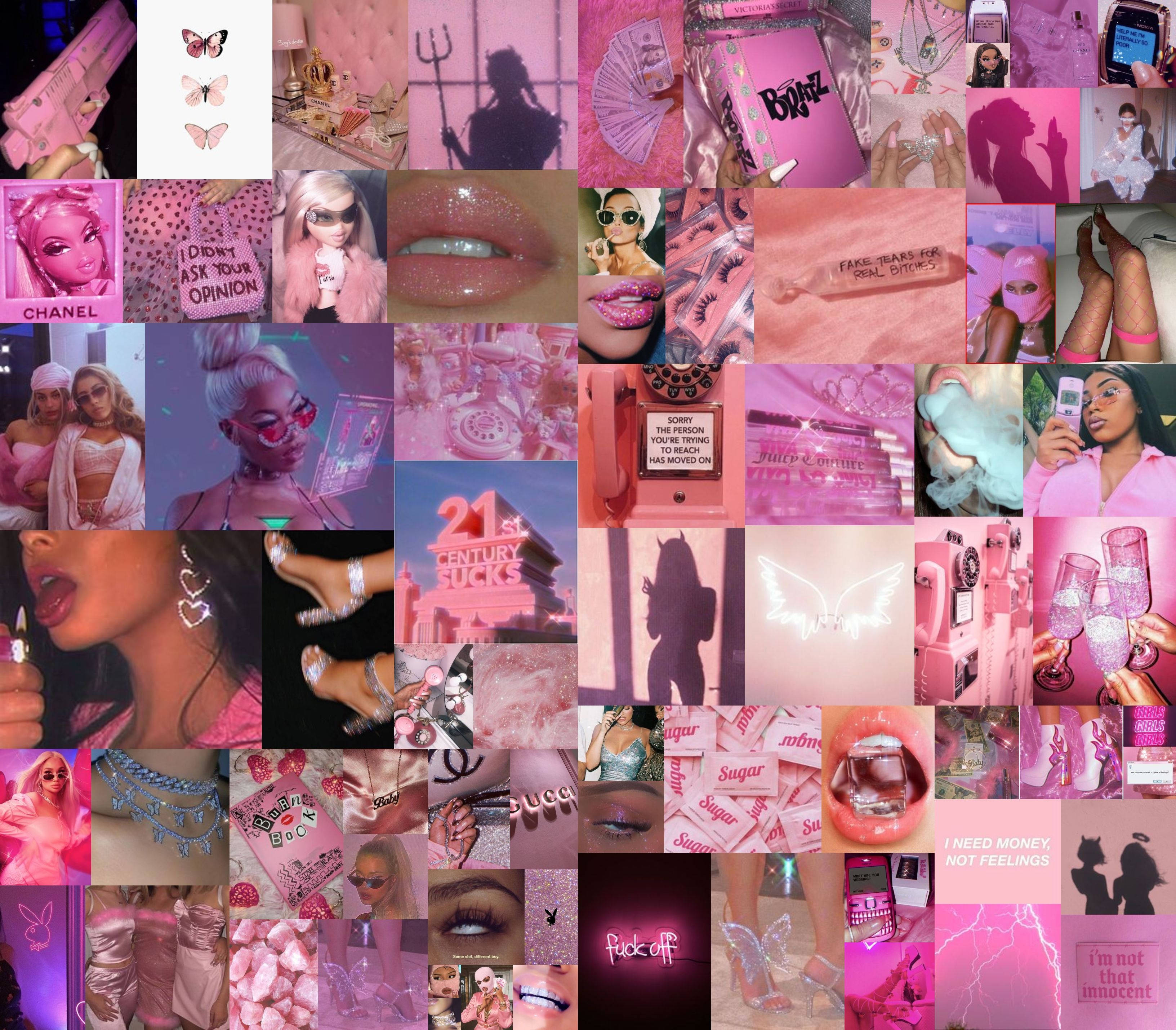 壞女孩美學 桌布 壁紙 — 充滿活力的粉紅色拼貼畫，特色是閃亮的嘴唇、奢侈品和粗體文字疊加，呈現出混亂而時尚的美感。