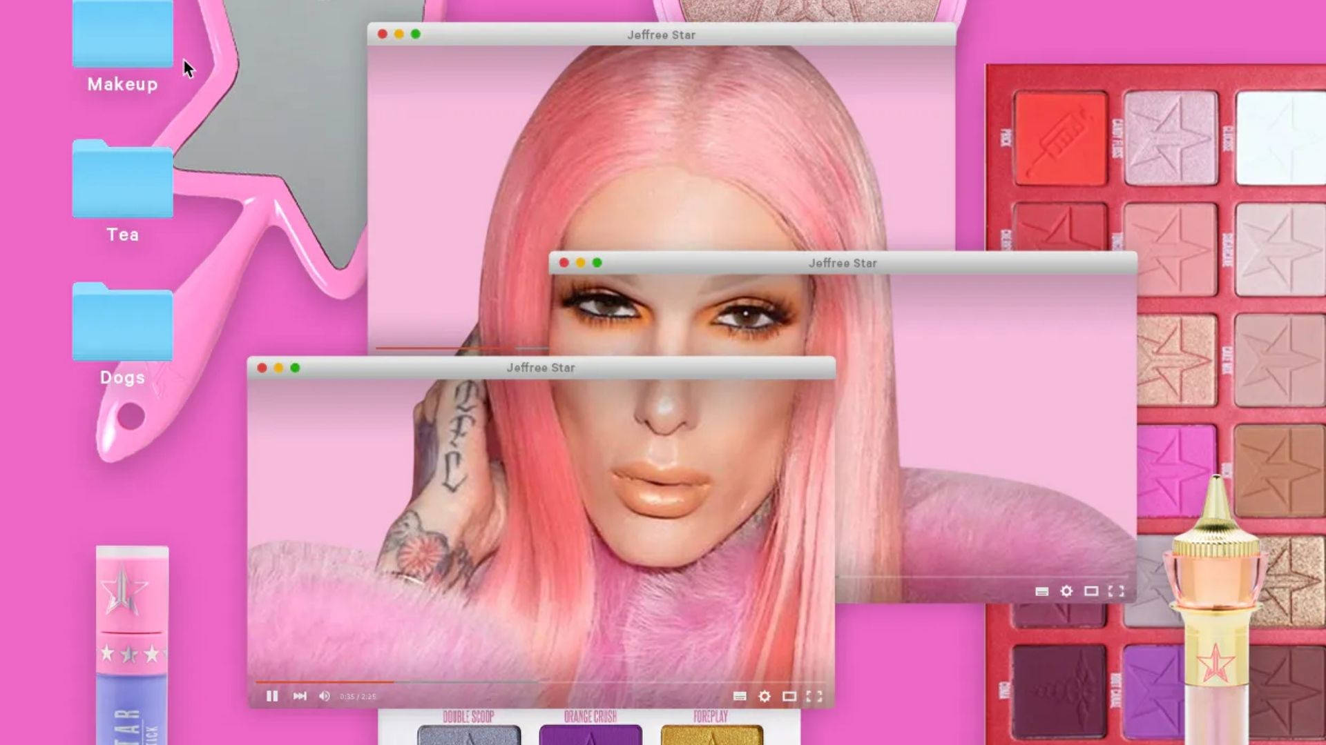 Jeffree Star 桌布 壁紙 — 充滿活力的粉紅色數位桌面壁紙，顯示Jeffree Star在多個視窗中，周圍是化妝品調色板和資料夾。