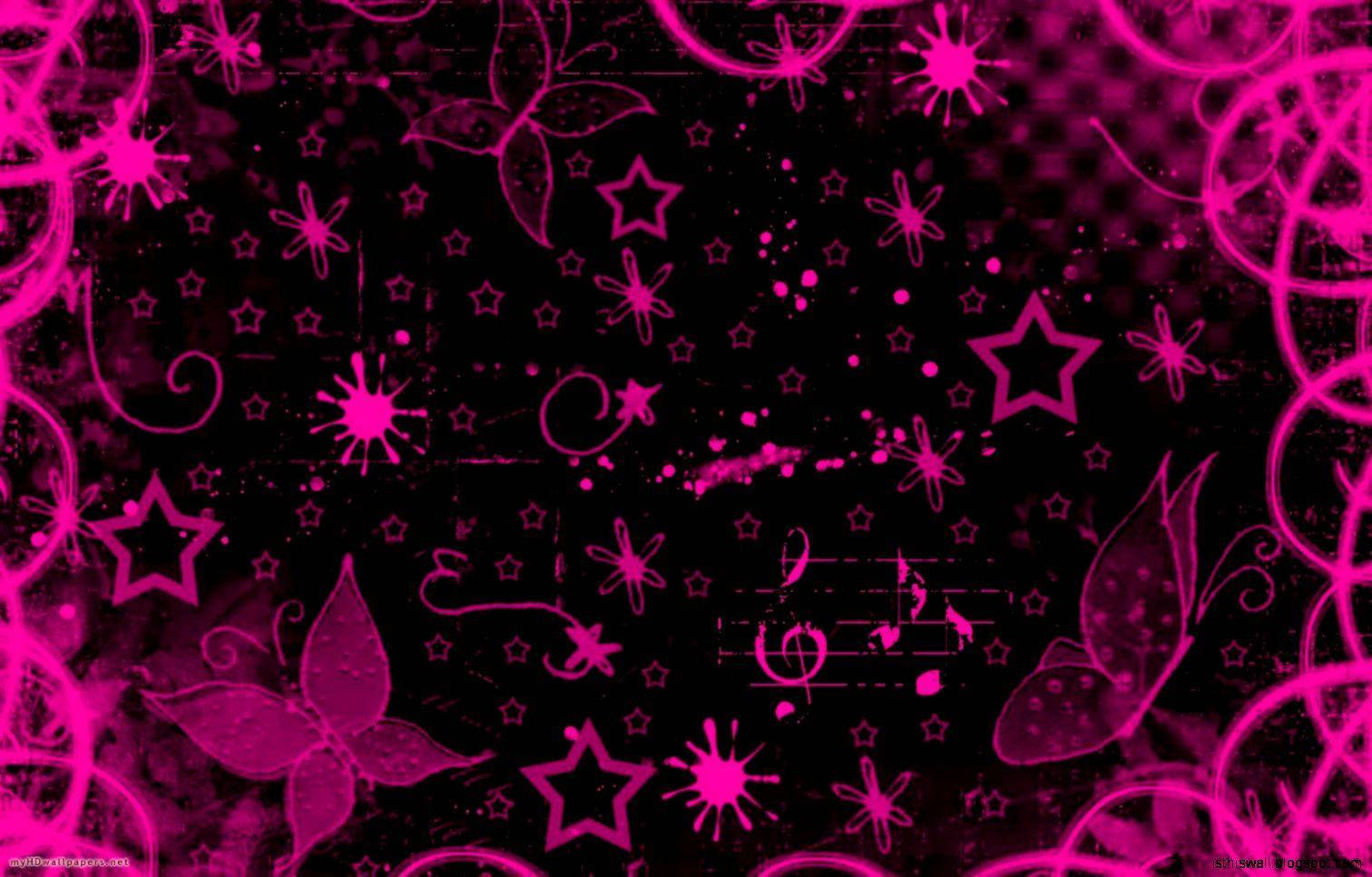 Neon Pink 桌布 壁紙 — 充滿活力的粉紅色星星、蝴蝶和漩渦在深色紋理背景上發光，並散佈著音符。