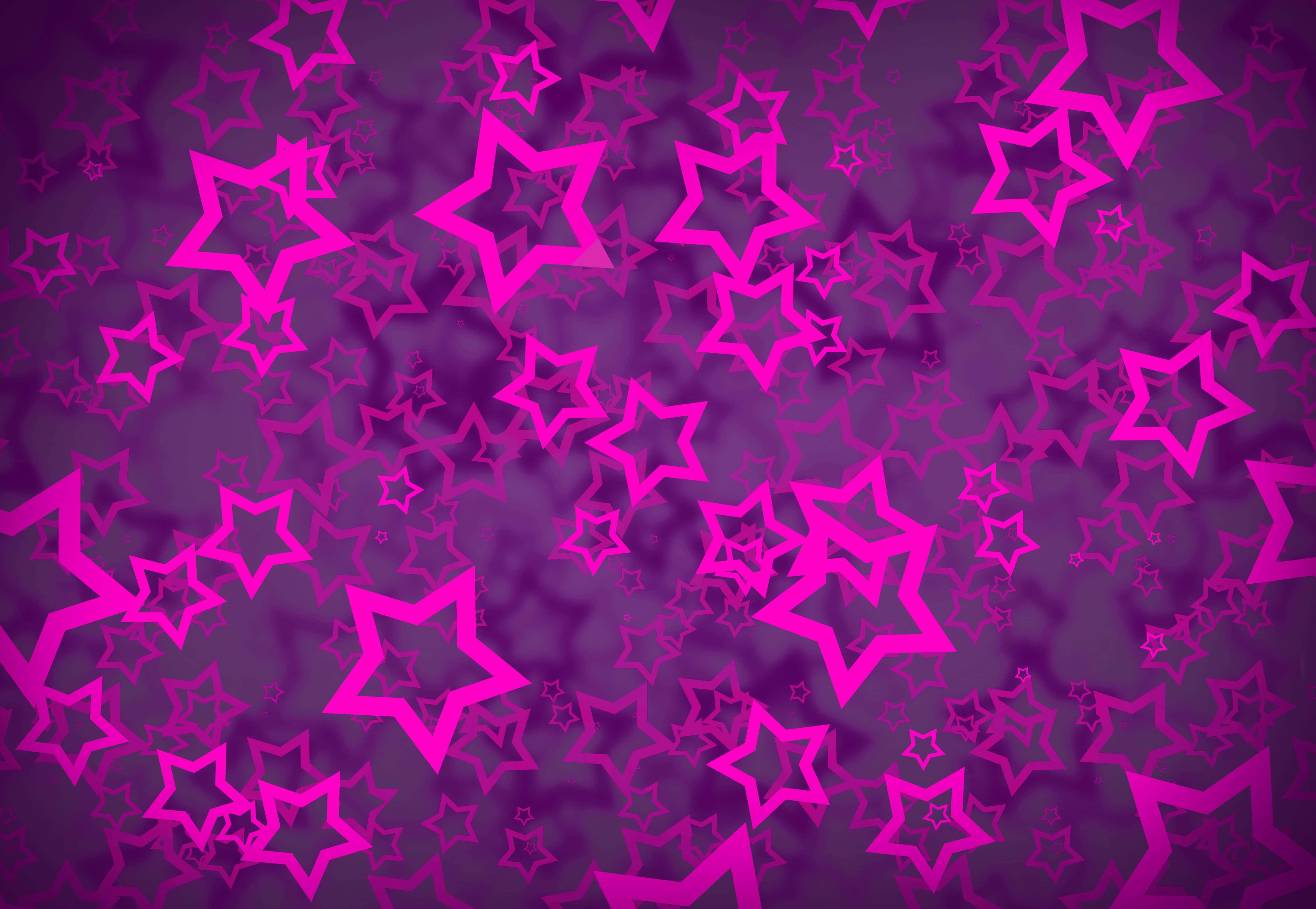 3d Star 桌布 壁紙 — 充滿活力的粉紅色星星輪廓漂浮在紫色漸變背景上，形成俏皮的數位圖案。