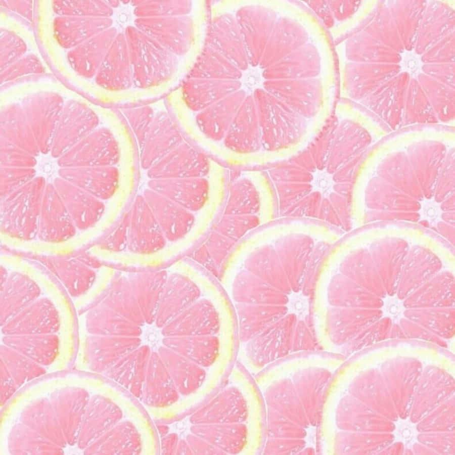 Pink Grapefruit 桌布 壁紙 — 充滿活力的粉紅色柑橘切片，帶有黃色果皮，重疊成多汁光澤的圖案。